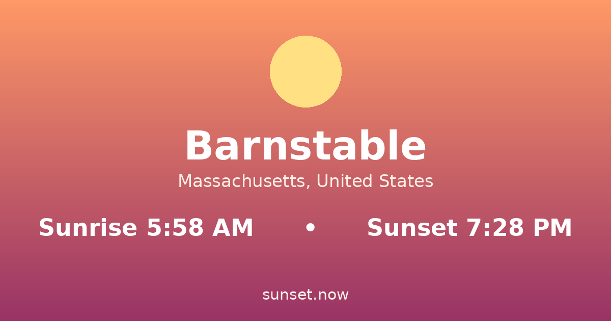 Sunrise & sunset times in Barnstable, Massachusetts — sunrise 5:58 AM, sunset 7:28 PM