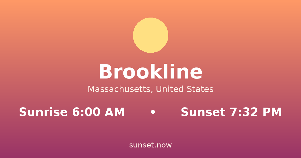 Sunrise & sunset times in Brookline, Massachusetts — sunrise 6:00 AM, sunset 7:32 PM