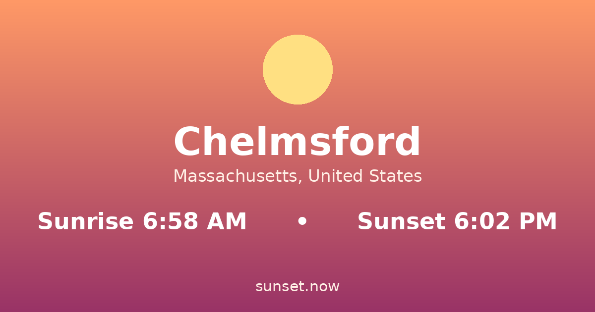 Sunrise & sunset times in Chelmsford, Massachusetts — sunrise 6:58 AM, sunset 6:02 PM