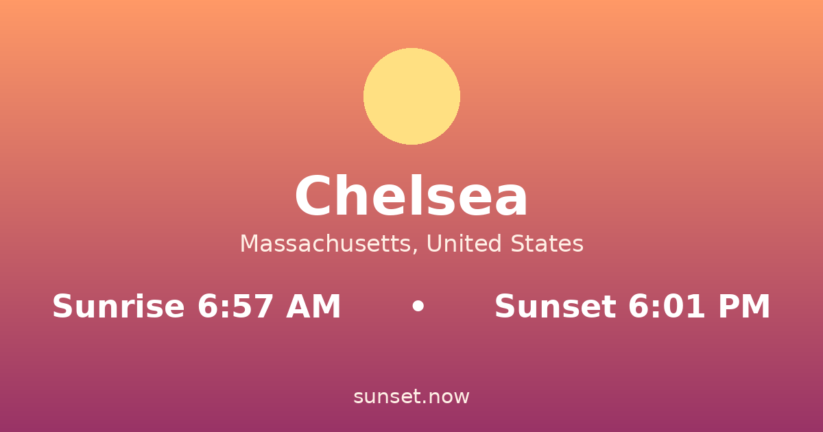 Sunrise & sunset times in Chelsea, Massachusetts — sunrise 6:57 AM, sunset 6:01 PM