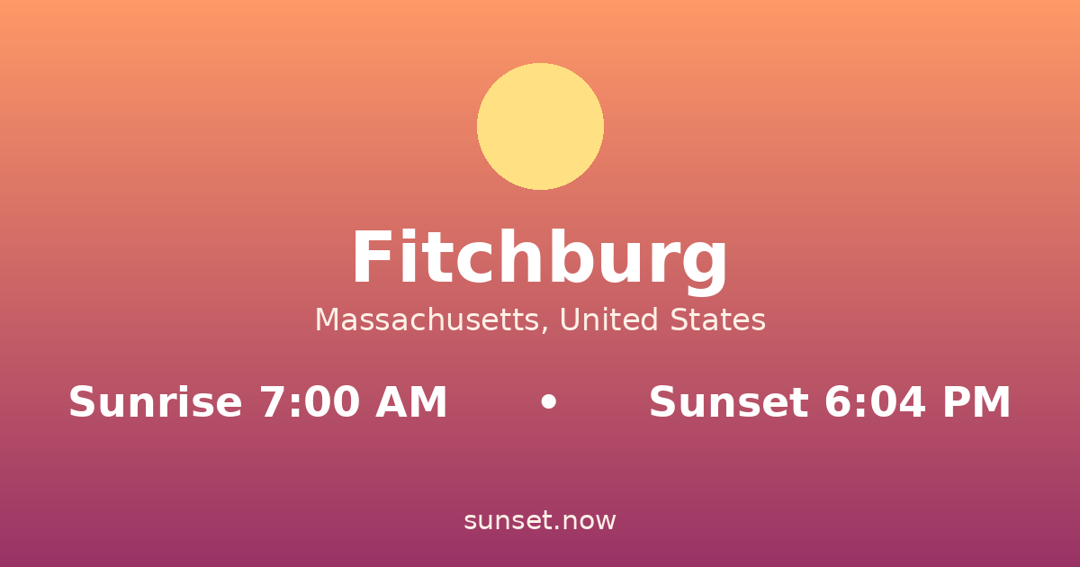 Sunrise & sunset times in Fitchburg, Massachusetts — sunrise 7:00 AM, sunset 6:04 PM