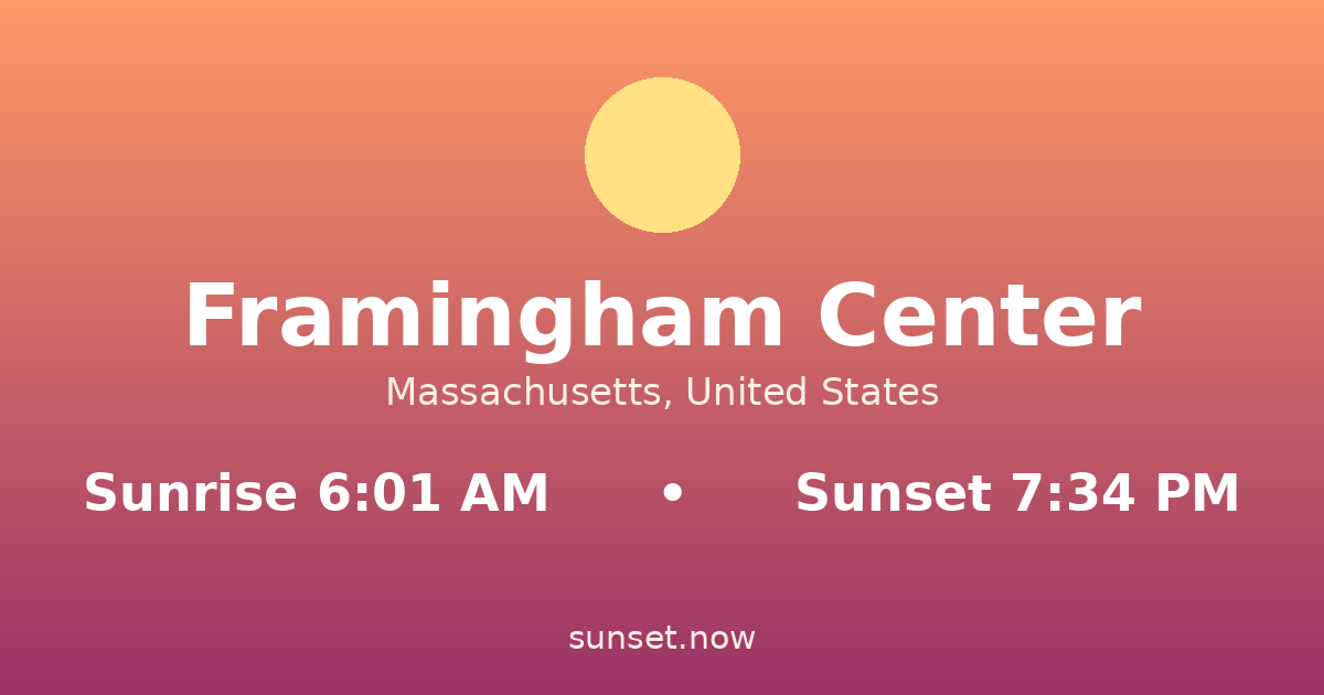 Sunrise & sunset times in Framingham Center, Massachusetts — sunrise 6:01 AM, sunset 7:34 PM