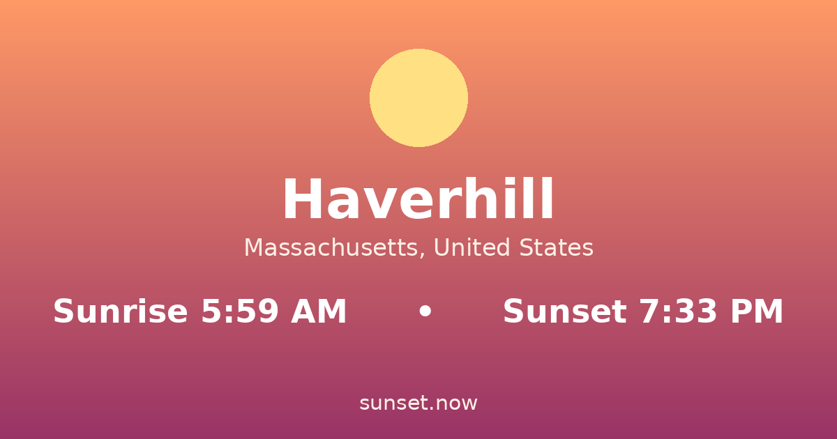 Sunrise & sunset times in Haverhill, Massachusetts — sunrise 5:59 AM, sunset 7:33 PM