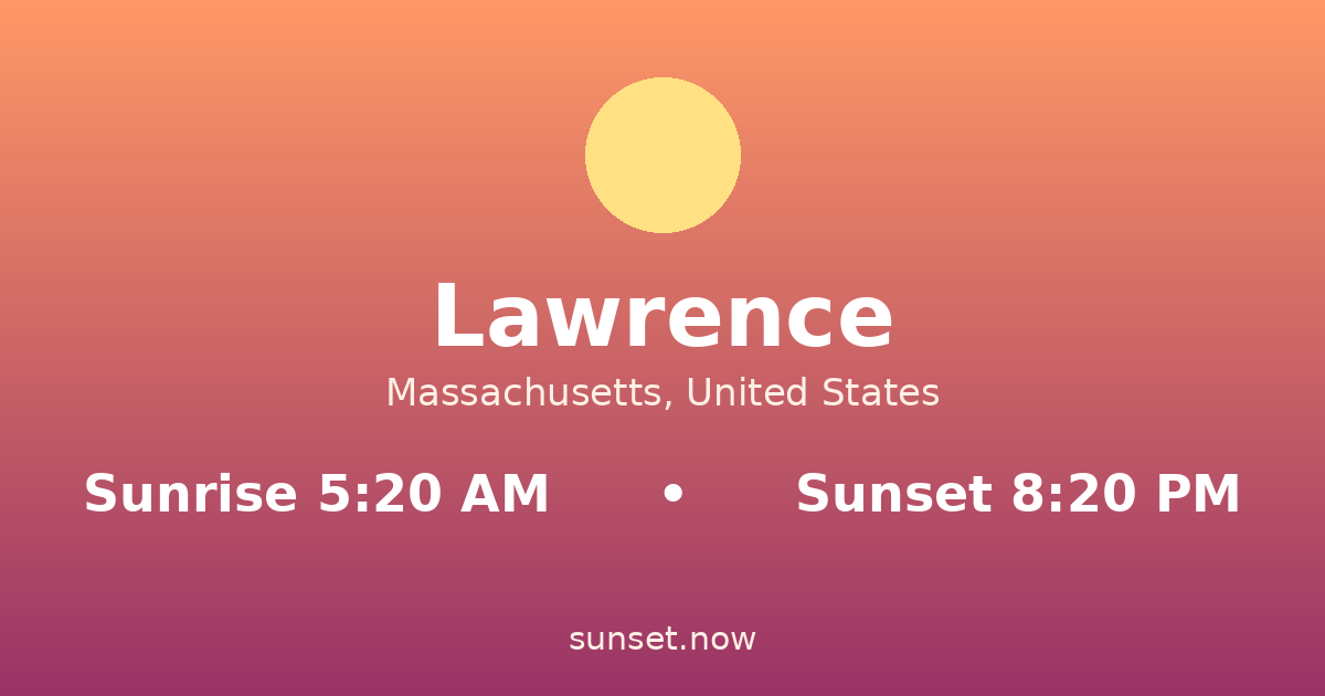 Sunrise & sunset times in Lawrence, Massachusetts — sunrise 5:20 AM, sunset 8:20 PM