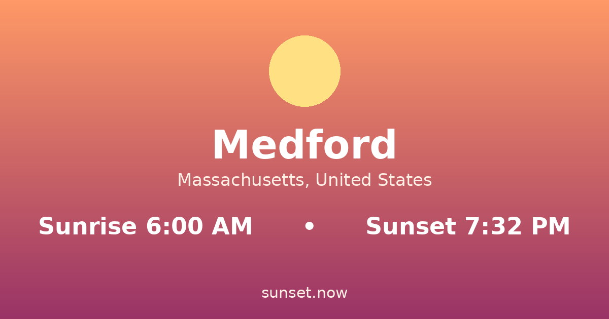 Sunrise & sunset times in Medford, Massachusetts — sunrise 6:00 AM, sunset 7:32 PM