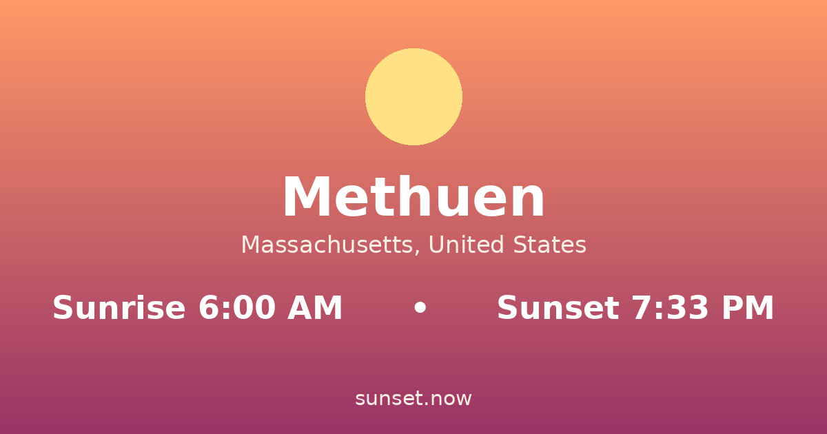 Sunrise & sunset times in Methuen, Massachusetts — sunrise 6:00 AM, sunset 7:33 PM