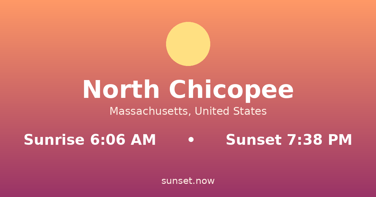 Sunrise & sunset times in North Chicopee, Massachusetts — sunrise 6:06 AM, sunset 7:38 PM