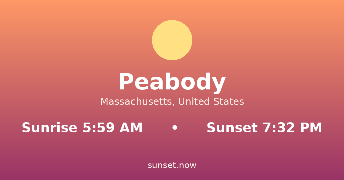 Sunrise & sunset times in Peabody, Massachusetts — sunrise 5:59 AM, sunset 7:32 PM