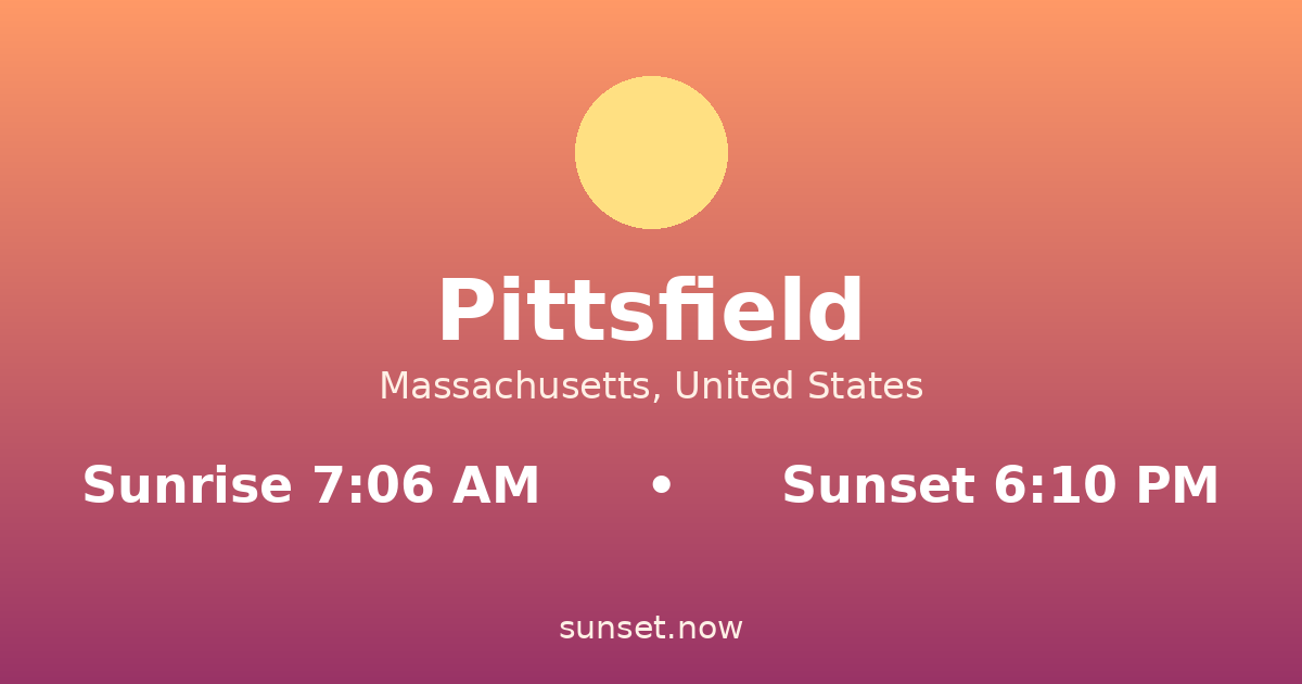 Sunrise & sunset times in Pittsfield, Massachusetts — sunrise 7:06 AM, sunset 6:10 PM