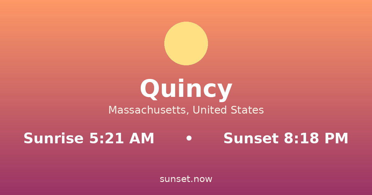 Sunrise & sunset times in Quincy, Massachusetts — sunrise 5:21 AM, sunset 8:18 PM