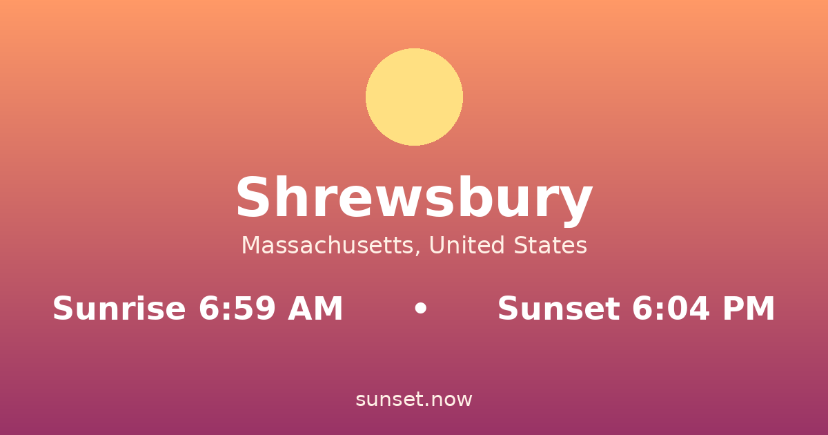 Sunrise & sunset times in Shrewsbury, Massachusetts — sunrise 6:59 AM, sunset 6:04 PM