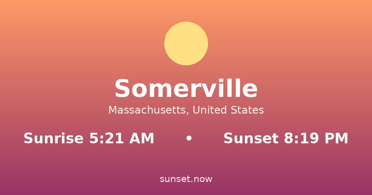 Sunrise & sunset times in Somerville, Massachusetts — sunrise 5:21 AM, sunset 8:19 PM