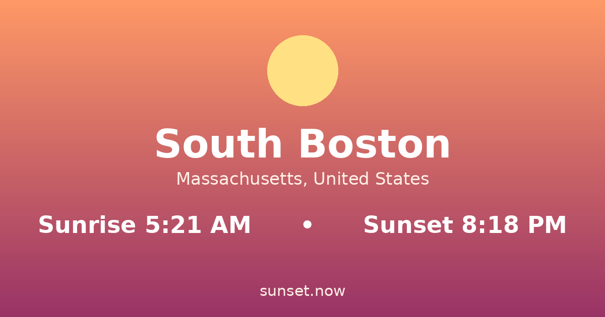 Sunrise & sunset times in South Boston, Massachusetts — sunrise 5:21 AM, sunset 8:18 PM