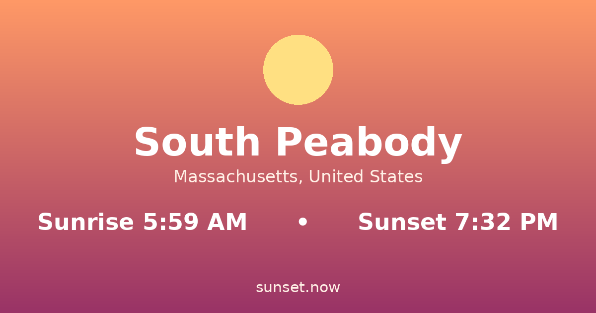 Sunrise & sunset times in South Peabody, Massachusetts — sunrise 5:59 AM, sunset 7:32 PM