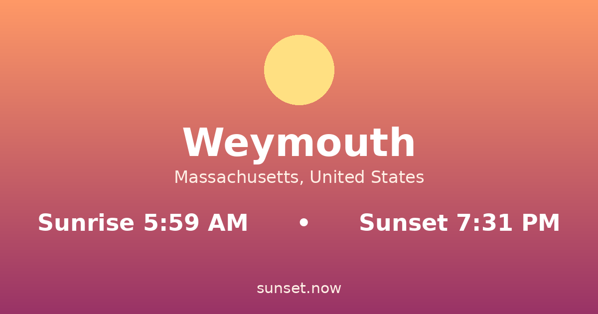 Sunrise & sunset times in Weymouth, Massachusetts — sunrise 5:59 AM, sunset 7:31 PM