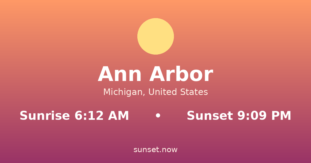 Sunrise & sunset times in Ann Arbor, Michigan — sunrise 6:12 AM, sunset 9:09 PM