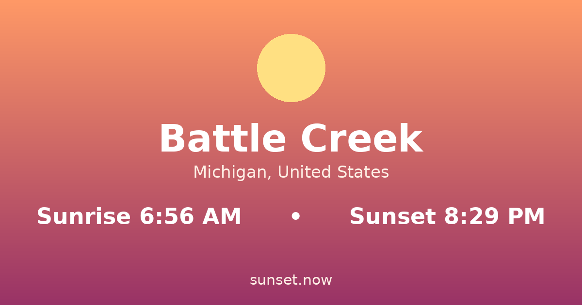 Sunrise & sunset times in Battle Creek, Míchigan — sunrise 6:56 AM, sunset 8:29 PM