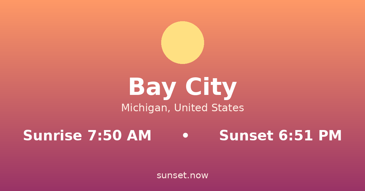 Sunrise & sunset times in Bay City, Michigan — sunrise 7:50 AM, sunset 6:51 PM