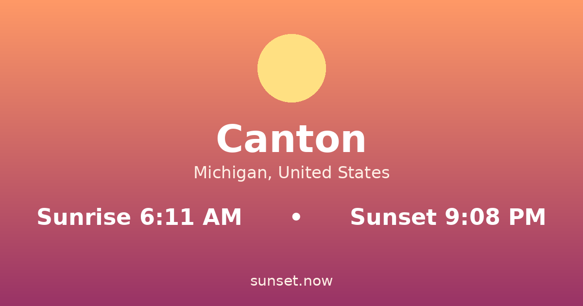 Sunrise & sunset times in Canton, Michigan — sunrise 6:11 AM, sunset 9:08 PM