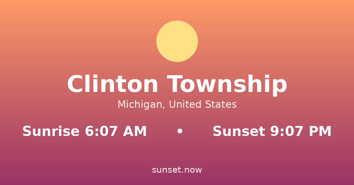 Sunrise & sunset times in Clinton Township, Michigan — sunrise 6:07 AM, sunset 9:07 PM