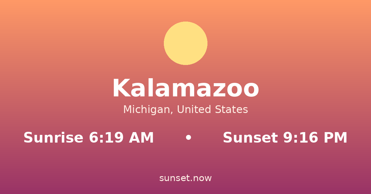 Sunrise & sunset times in Kalamazoo, Michigan — sunrise 6:19 AM, sunset 9:16 PM