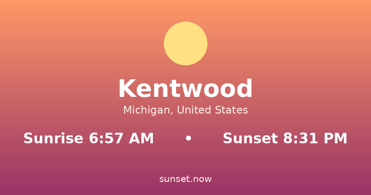 Sunrise & sunset times in Kentwood, Míchigan — sunrise 6:57 AM, sunset 8:31 PM