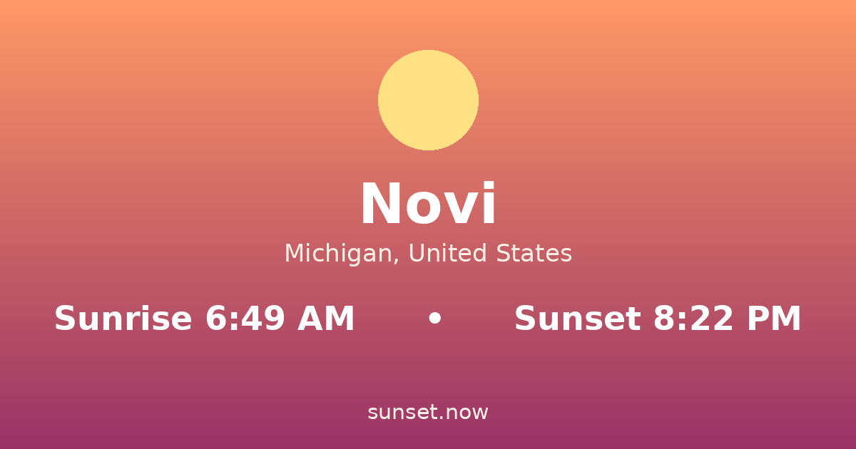 Sunrise & sunset times in Novi, Míchigan — sunrise 6:49 AM, sunset 8:22 PM