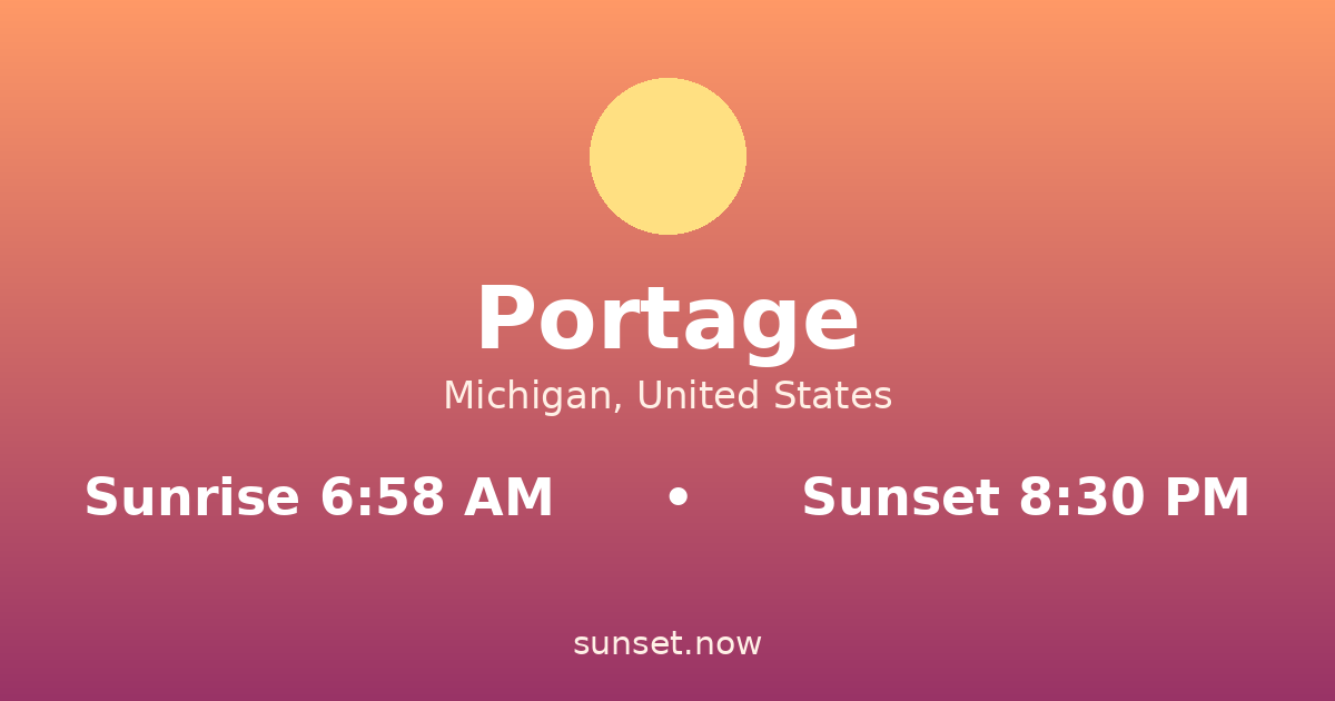 Sunrise & sunset times in Portage, Míchigan — sunrise 6:58 AM, sunset 8:30 PM
