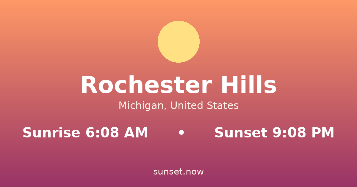 Sunrise & sunset times in Rochester Hills, Michigan — sunrise 6:08 AM, sunset 9:08 PM