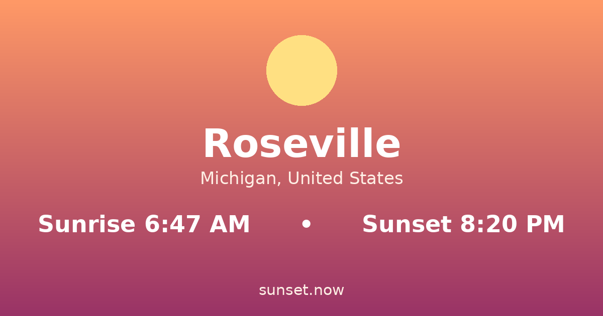 Sunrise & sunset times in Roseville, Míchigan — sunrise 6:47 AM, sunset 8:20 PM