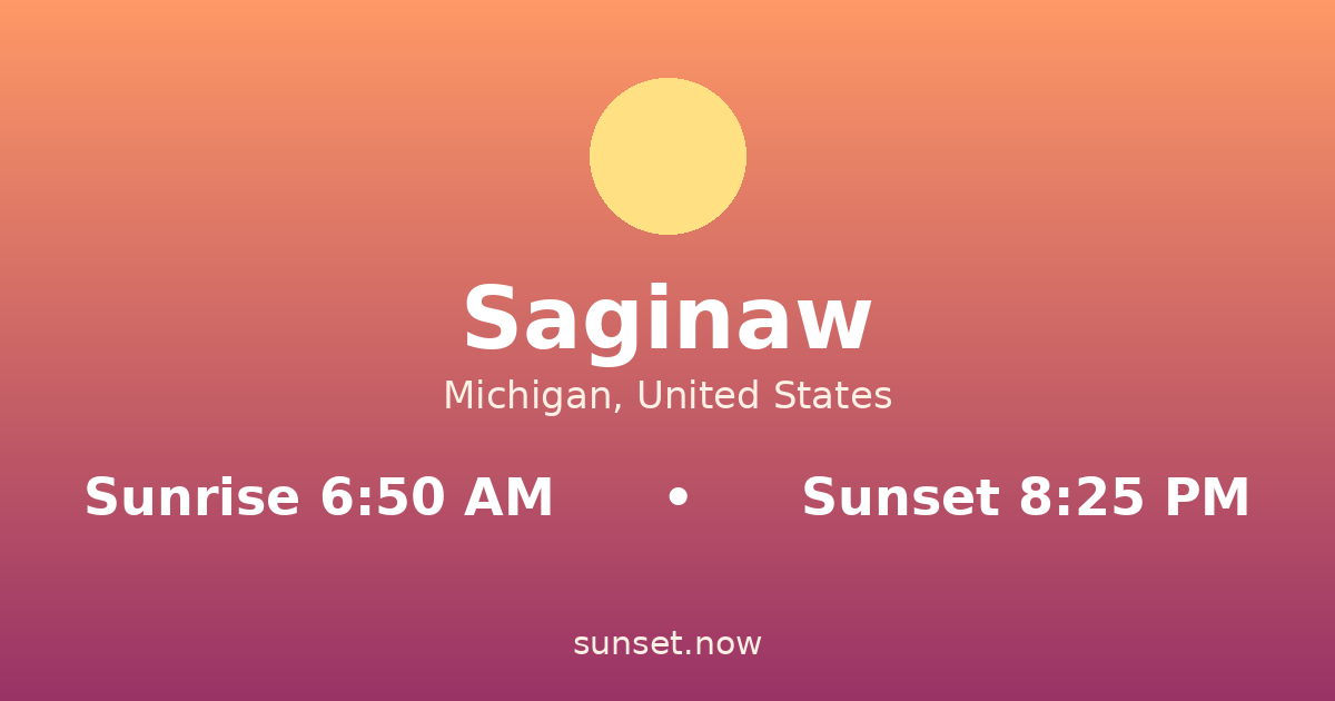 Sunrise & sunset times in Saginaw, Míchigan — sunrise 6:50 AM, sunset 8:25 PM