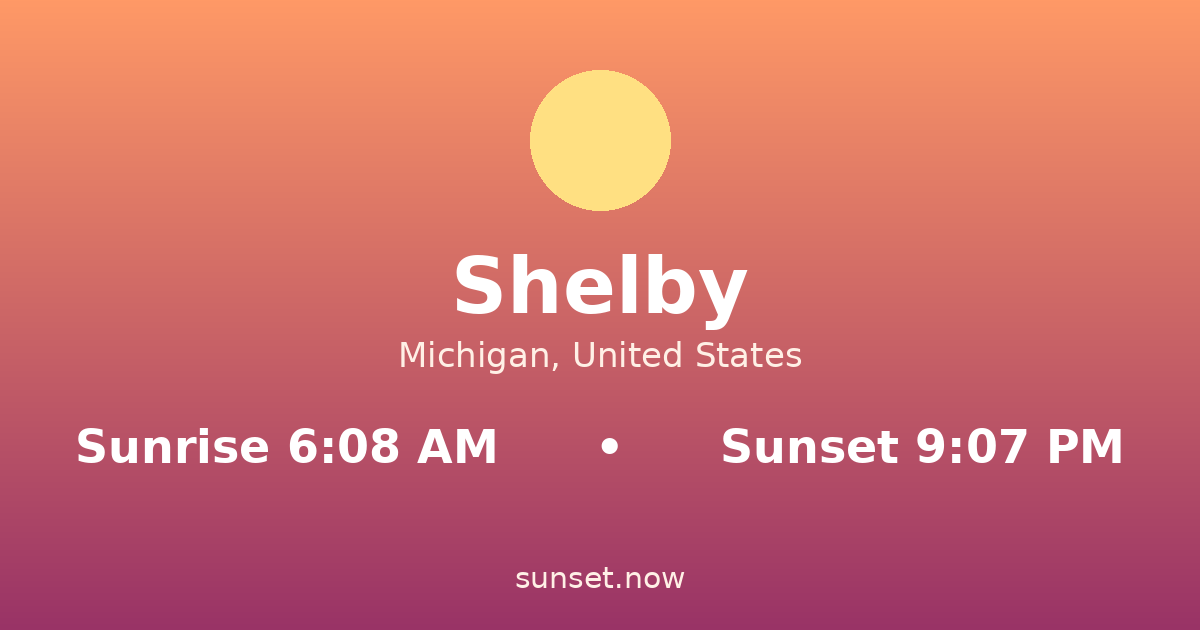Sunrise & sunset times in Shelby, Michigan — sunrise 6:08 AM, sunset 9:07 PM