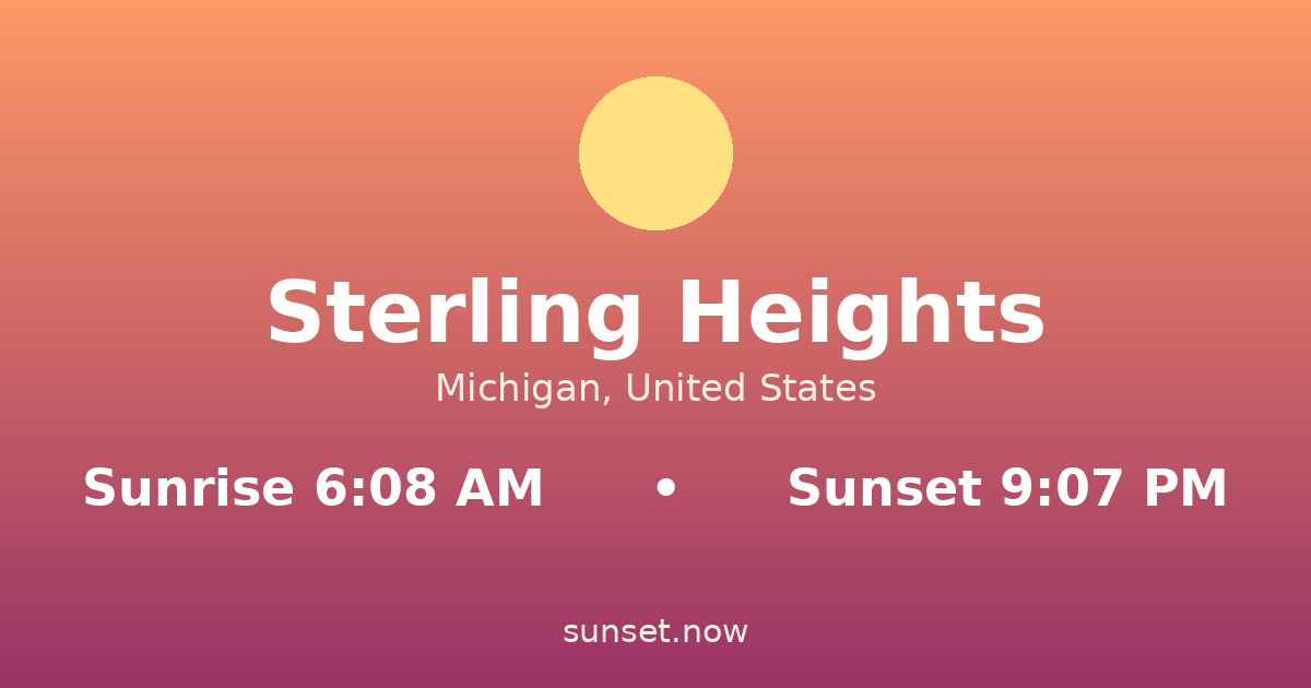 Sunrise & sunset times in Sterling Heights, Michigan — sunrise 6:08 AM, sunset 9:07 PM