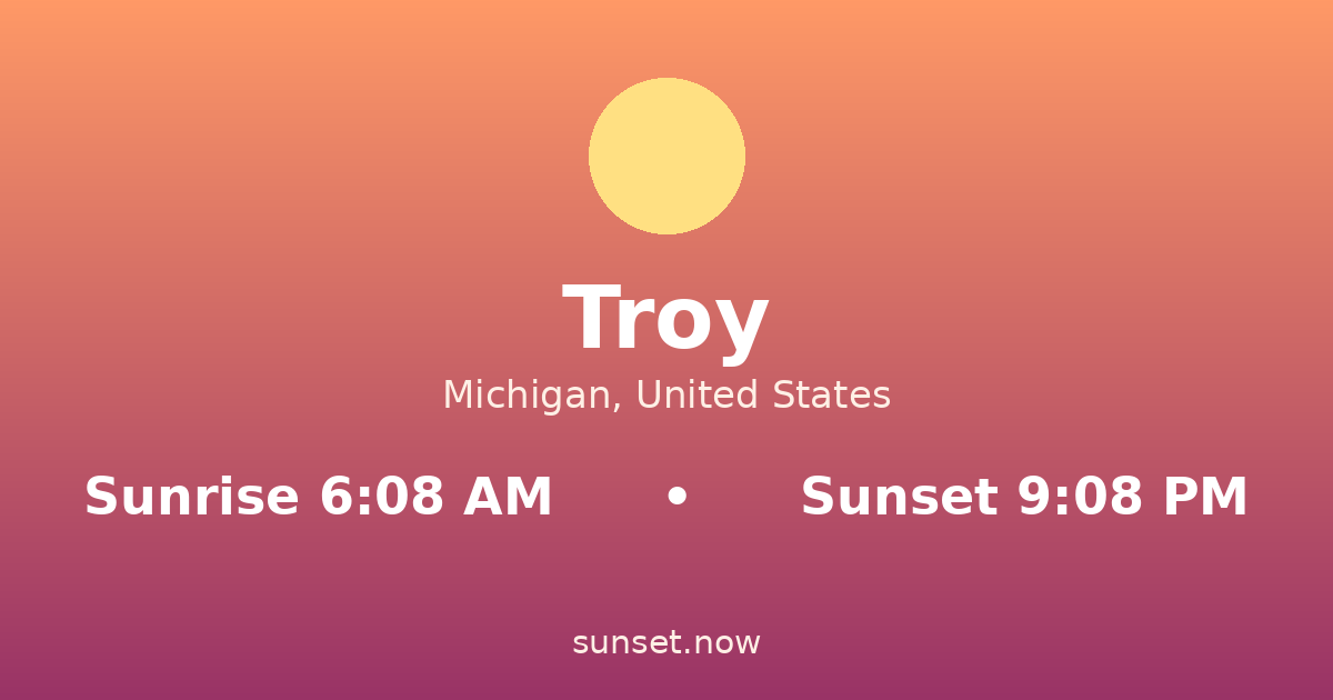 Sunrise & sunset times in Troy, Michigan — sunrise 6:08 AM, sunset 9:08 PM