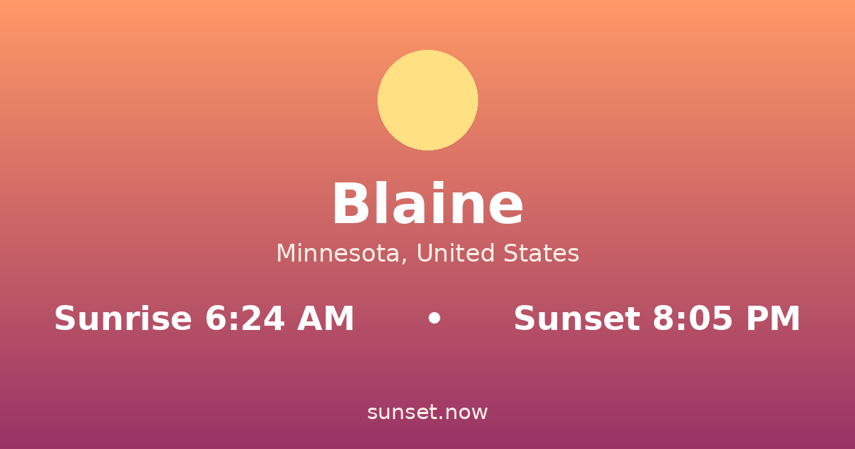 Sunrise & sunset times in Blaine, Minnesota — sunrise 6:24 AM, sunset 8:05 PM