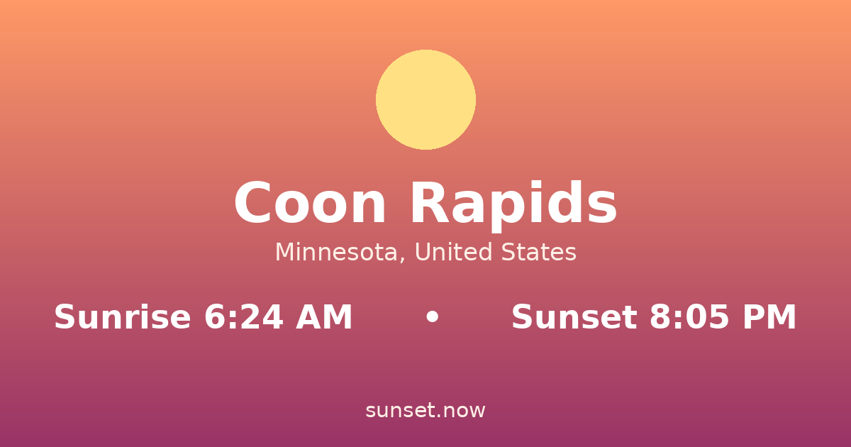 Sunrise & sunset times in Coon Rapids, Minnesota — sunrise 6:24 AM, sunset 8:05 PM
