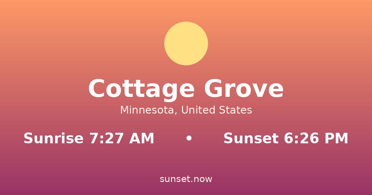 Sunrise & sunset times in Cottage Grove, Minnesota — sunrise 7:27 AM, sunset 6:26 PM