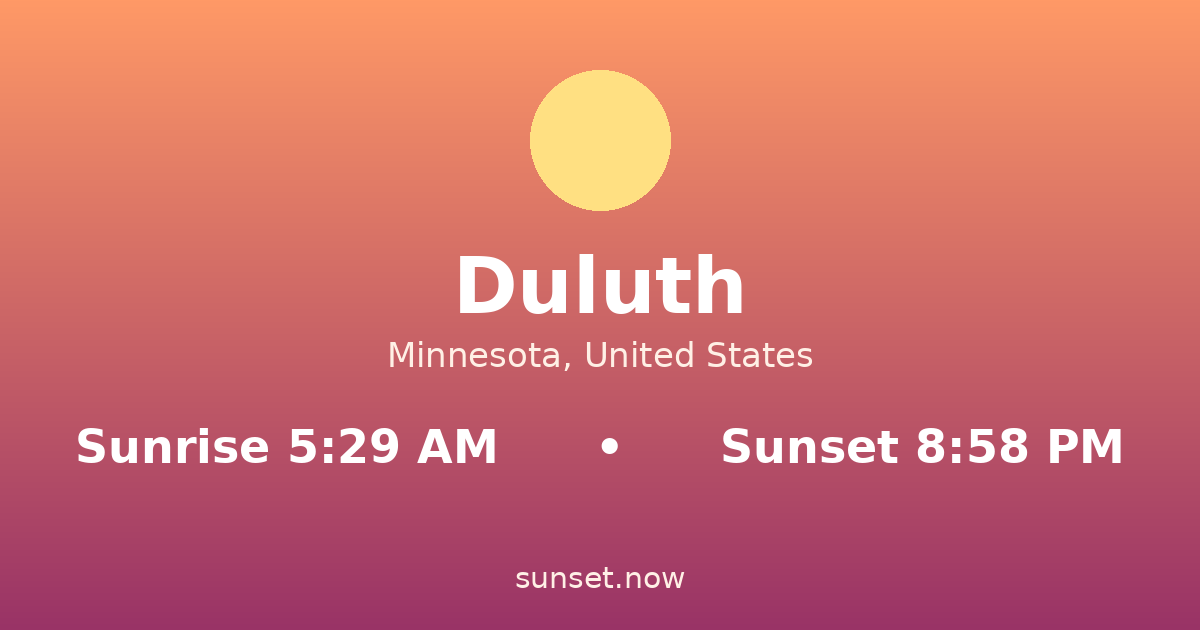 Sunrise & sunset times in Duluth, Minnesota — sunrise 5:29 AM, sunset 8:58 PM
