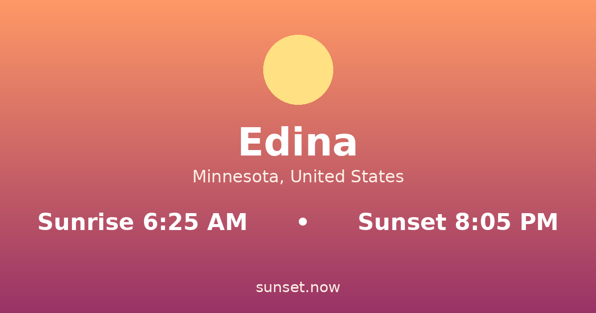 Sunrise & sunset times in Edina, Minnesota — sunrise 6:25 AM, sunset 8:05 PM