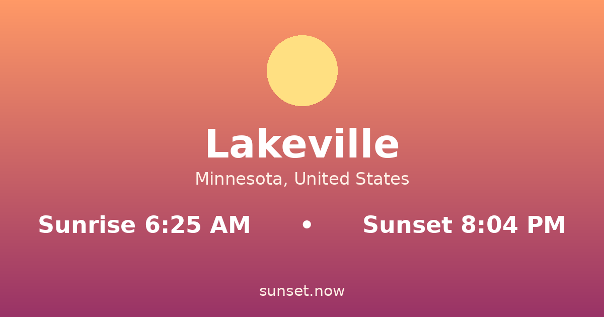 Sunrise & sunset times in Lakeville, Minnesota — sunrise 6:25 AM, sunset 8:04 PM