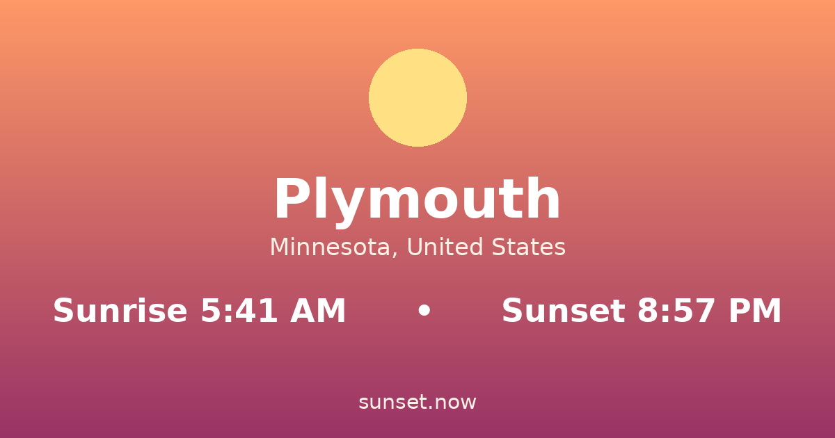 Sunrise & sunset times in Plymouth, Minnesota — sunrise 5:41 AM, sunset 8:57 PM