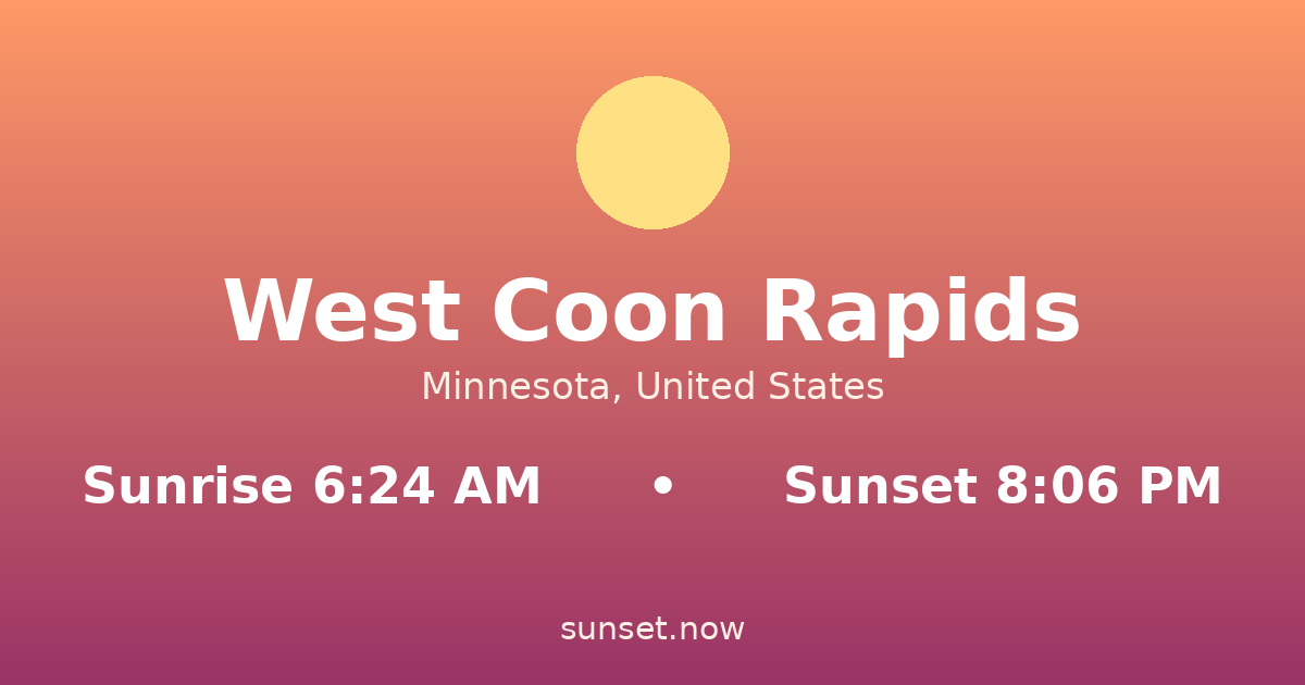Sunrise & sunset times in West Coon Rapids, Minnesota — sunrise 6:24 AM, sunset 8:06 PM
