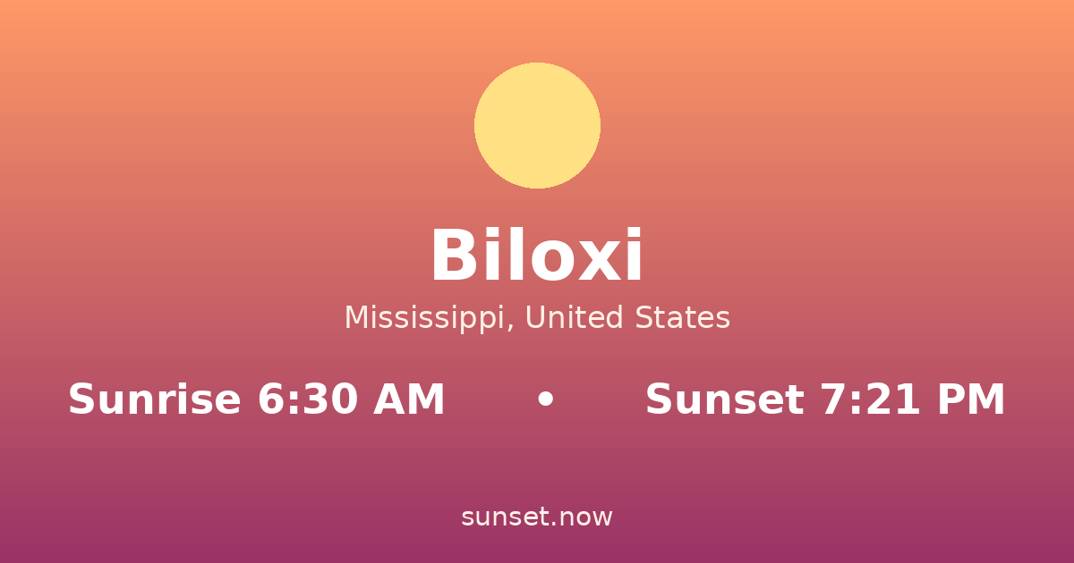 Sunrise & sunset times in Biloxi, Mississippi — sunrise 6:30 AM, sunset 7:21 PM