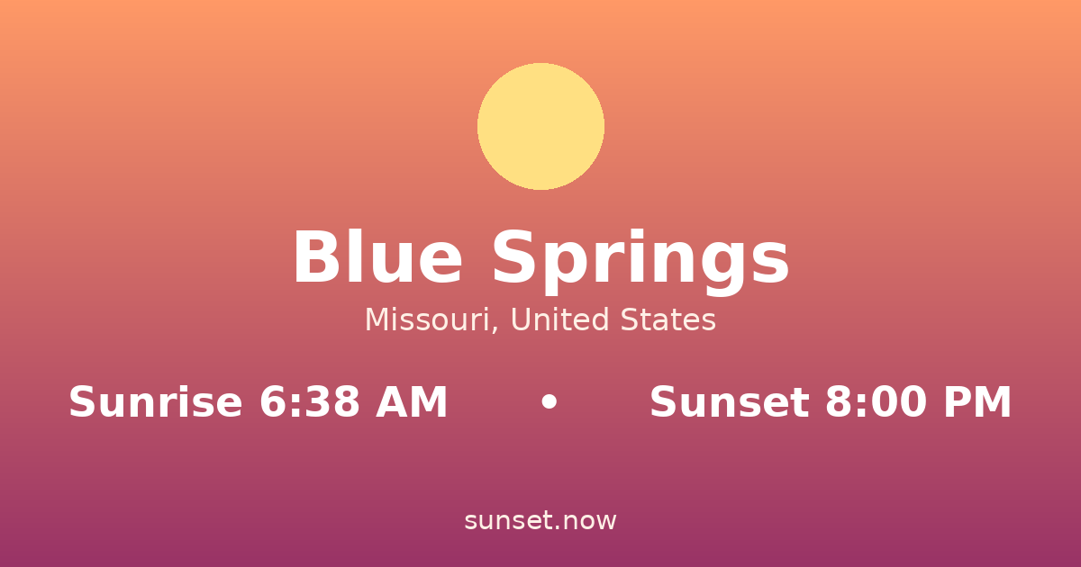 Sunrise & sunset times in Blue Springs, Misuri — sunrise 6:38 AM, sunset 8:00 PM