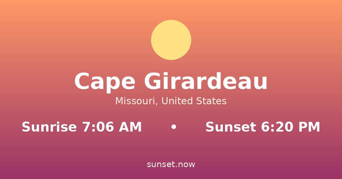 Sunrise & sunset times in Cape Girardeau, Missouri — sunrise 7:06 AM, sunset 6:20 PM