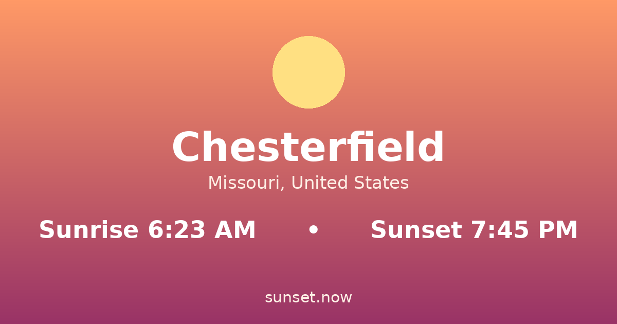 Sunrise & sunset times in Chesterfield, Misuri — sunrise 6:23 AM, sunset 7:45 PM