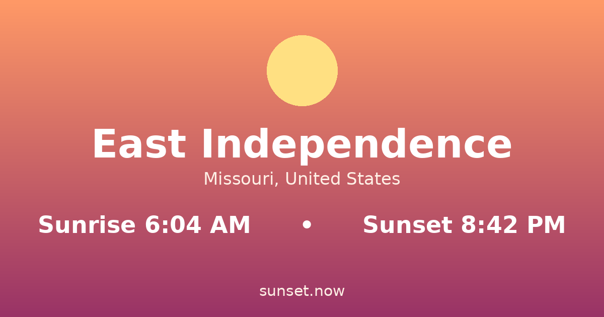 Sunrise & sunset times in East Independence, Missouri — sunrise 6:04 AM, sunset 8:42 PM