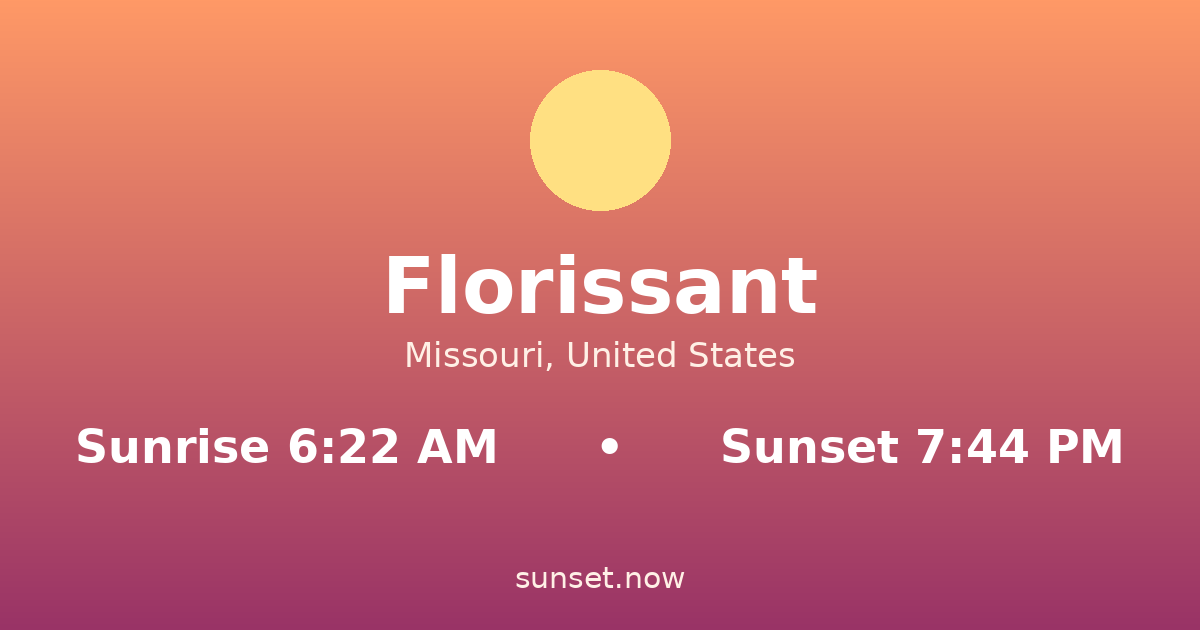 Sunrise & sunset times in Florissant, Misuri — sunrise 6:22 AM, sunset 7:44 PM