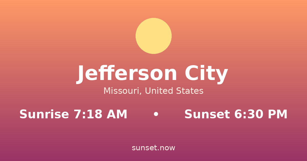 Sunrise & sunset times in Jefferson City, Missouri — sunrise 7:18 AM, sunset 6:30 PM