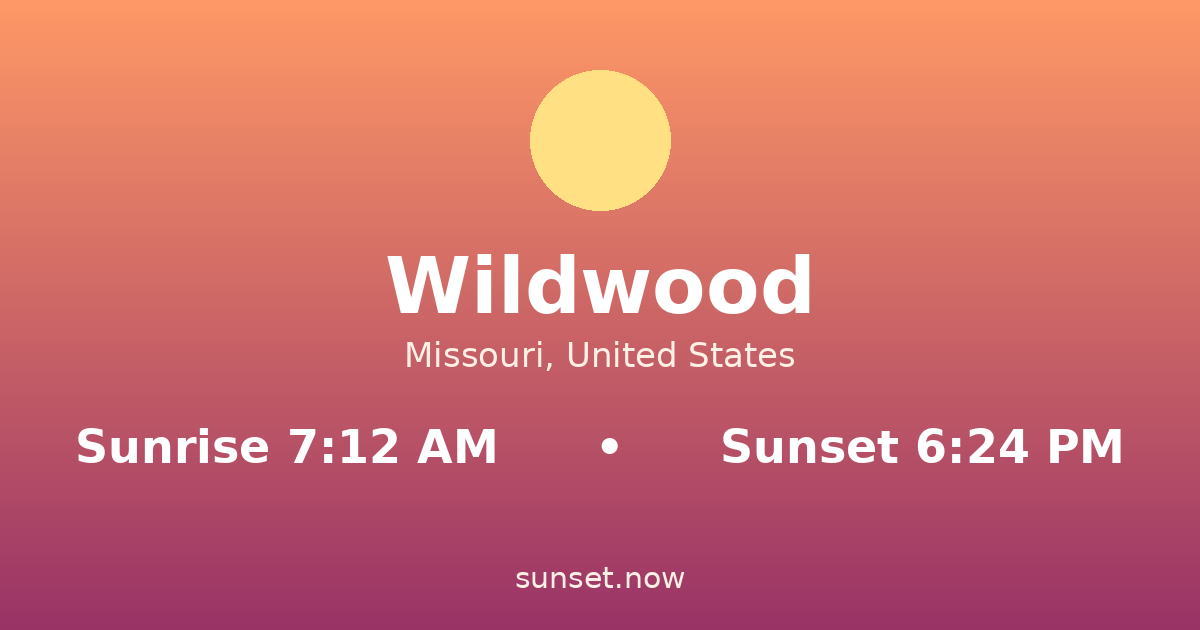 Sunrise & sunset times in Wildwood, Missouri — sunrise 7:12 AM, sunset 6:24 PM